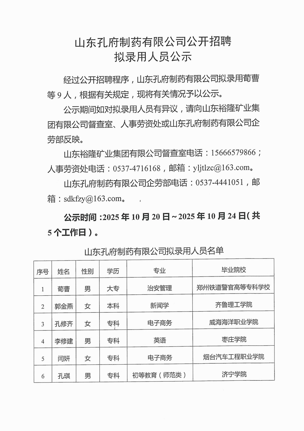 山東孔府制藥有限公司公開招聘擬錄用人員公示-圖片-0.jpg